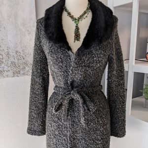 🍁Fur Collared Long Jacket Cardigan Sweater Black and Gray